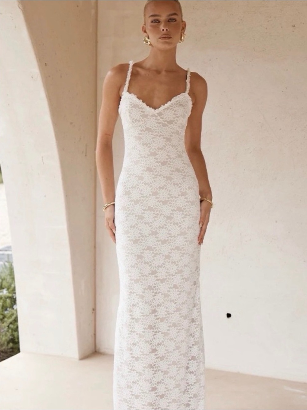 Sarta White Lace Spaghetti-Strap Maxi Dress